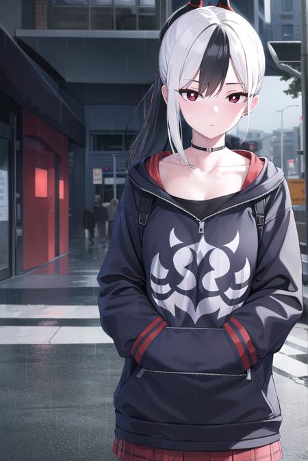 kayoko onikata, black hair, demon horns, hair between eyes, halo, horns, long hair, low wings, mole, mole on collarbone, multicolored hair, ponytail, (red eyes:1.5), single wing, two-tone hair, white hair, wings, black ponytail, black hoodie, choker, hood, hoodie, pleated skirt, skirt, red skirt,