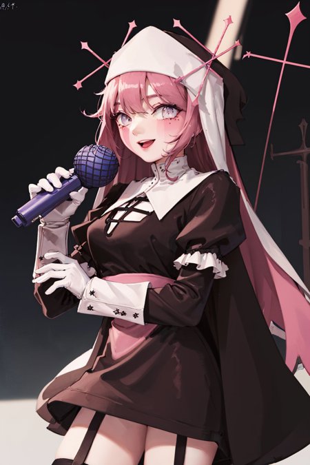 sarventedef, colored skin, habit, dress, long sleeves, puffy sleeves, thighhighs, garter straps, white gloves, cross sarventegos, demon girl, colored skin, leotard, clothing cutout, heart cutout, thighhighs, elbow gloves, demon wings, spider web holding microphone