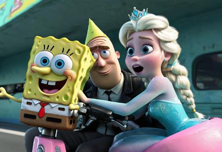 SpongeBob SquarePants is riding a scooter with Princess Elsa sitting on the back seat. Elsa is tightly hugging SpongeBob,her face pressed against his back. SpongeBob has a tired and apathetic expression,with a cigarette dangling from his mouth. The camera angle captures a side view of the scene,focusing on the characters and their expressions.,<lora:SDXLæå¶è¯¦ç»Lora:1>,<lora:Ponyç»èè°è_DetailV2.0-Lora:1>,