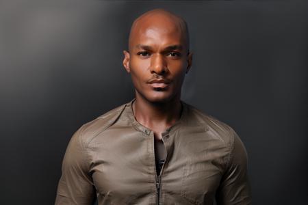 <lora:rhyheimsv3:1> rhyheims, black man, bald, dark skin, brown eyes, professional studio quality modeling headshot, 4K, simple dark background, dramatic lighting, neutral expression, realistic skin, fine detail, shirt, ultra realistic photograph, professional photograph, by Gucci photographer.