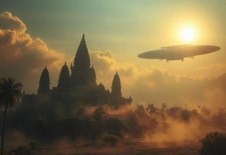 dawn of a new world, ancient cambodian temple in the mist of a futuristic alien landscape. A large industrial looking freight carrying space transporter can be seen in the distance slowly exiting earths atmosphere