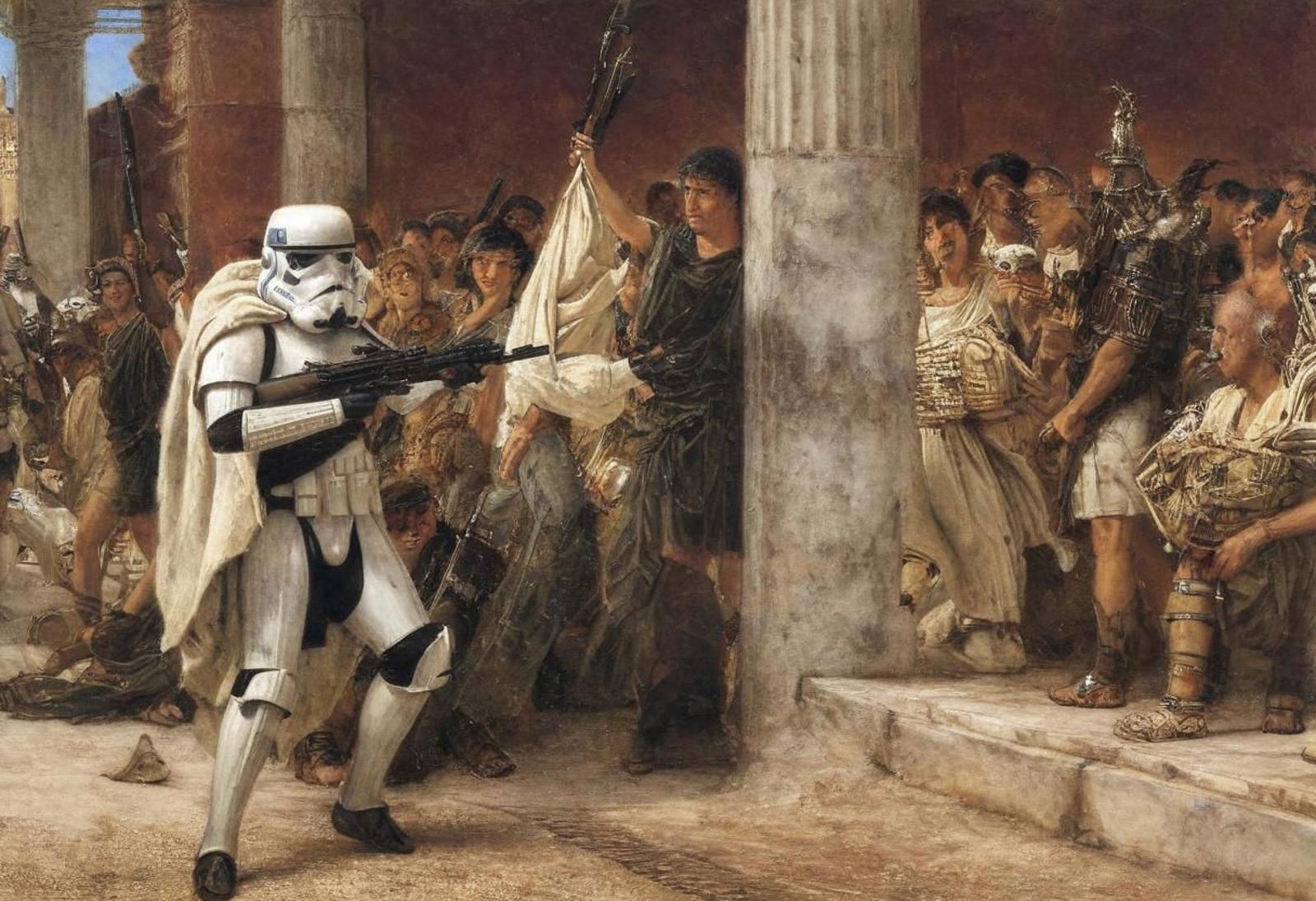 A Stormtrooper from Star Wars is holding a gun and standing near a crowd of people.