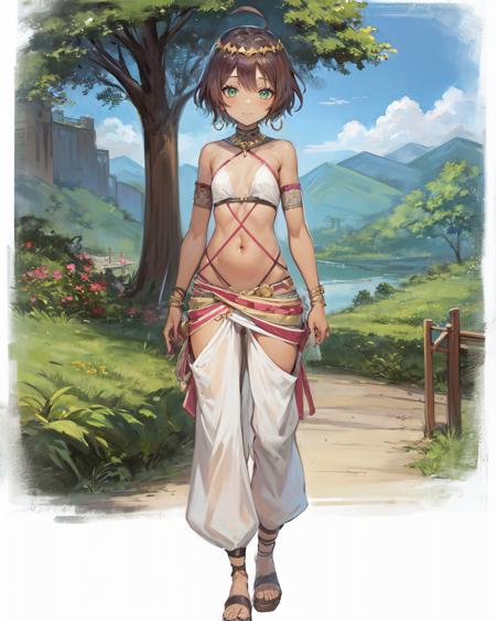 best quality, (masterpiece:1.2), illustration, absurdres,  
(1girl), (solo), (beautiful detailed girl), full body,
<lora:ShahinaDancer-000012:1>, Shahina, green eyes, brown hair, short hair, ahoge, dark skin, flat chest, small breasts, young,
golden tiara, jewelry,hoop earrings, arabian dancer outfit, white harem pants, sandals,
gentle smile, shy, looking at viewer,
on a mountaintop, overlooking, distant valley, distant river, distant forest,