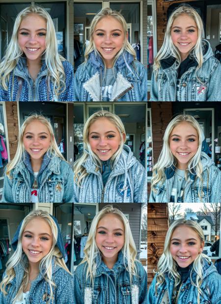 Jorjon, photograph of a woman standing outside, winter, jacket, clothes, (detailed face), smiling, detailed iris, detailed eyes, blonde hair, 
film grain, natural skin texture, <lora:Jorjon LORA SD1.5 5E 25 576 Cosine:0.9>