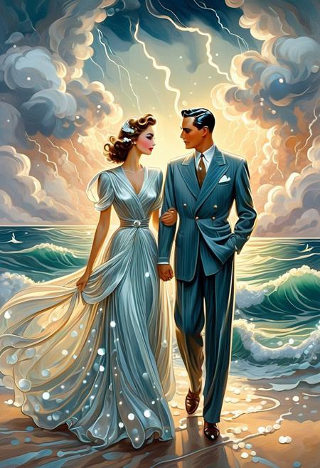 An elegant couple dressed in 1940s couture, shares a silent glance amid a stylized cartoon thunderstorm, with clouds drawn in wobbly ink lines and Pearlum lightning bolts shaped like exclamation marks., impressionist brushwork, mythological symbolism, radiant natural light, soft color palette, dreamlike atmosphere, allegorical themes, joyful figures with haunting undertones, flowing fabric, seaside settings with symbolic overlays, romantic fantasy, painterly texture, luminous skin tones, emotional duality, idyllic yet surreal, impressionism meets symbolism, soft shadows, nature infused with myth, art nouveau influence