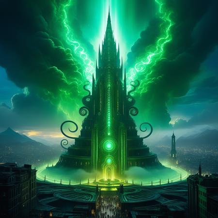 (masterpiece), best quality, centered, Ethereal, cyclopean cityscape amidst swirling clouds of iridescent mist, illuminated by an otherworldly glow emanating from the ((Elder Godâs colossal)), twisted form. Depict the deityâs massive, serpentine body coiled around a central spire, its eyes blazing with an eldritch green fire. The cityâs architecture should blend ancient, mystical styles with futuristic, biomechanical elements, as if the Elder Godâs influence has warped the very fabric of reality. Incorporate subtle, pulsing tendrils of energy connecting the deity to the cityâs structures, hinting at its omnipresent, manipulative power. Color palette: muted, earthy tones with bursts of neon blue and green, evoking an sense of foreboding and cosmic horror steampunk clockwork monster, inspired in cosmic horror, (epic composition, epic proportion), intricate, professional work, soft shadow, volumetric lighting,
