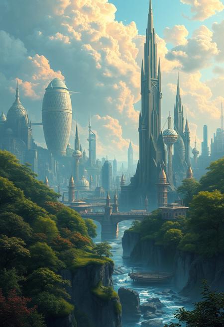 Landscape of a futuristic high fantasy elvish metropolis reminiscent of Tokyo set in a lush magical forest with tall towers breathtaking colours, detailed sky with greenery and flowing water. The scenery is flowing with life and serenity
