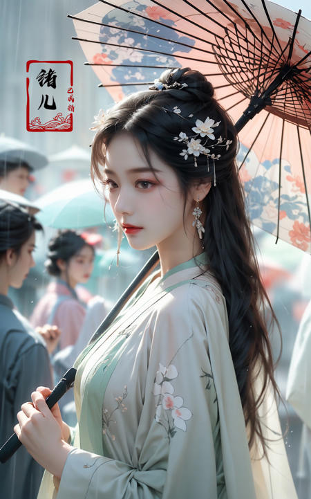 A woman holds a oil-paper umbrella on her shoulder to shelter from the rain as part of a fashion event in the style of Yue Xiaofei, light jade, ethereal dream, Tang Youhong, elegant, detailed design, dansaekhwa
Joil-paper umbrellachinese clothesholding umbrellarain
<lora:~Q?-ON-Noil paper umbrella:0.9>