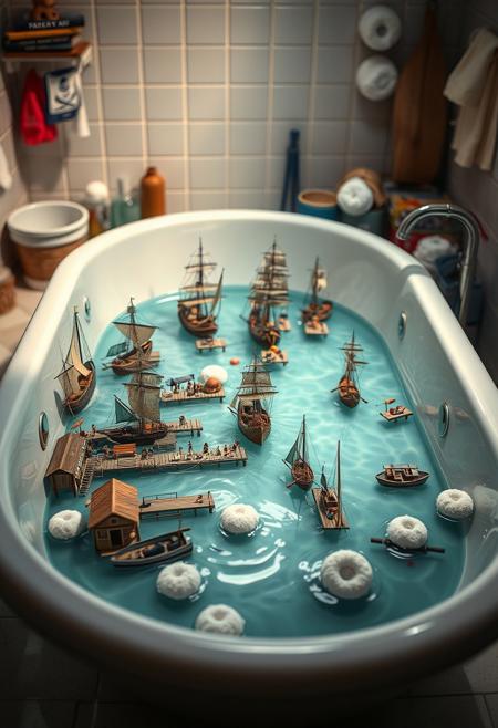 portrait, masterpiece, 4k, ray tracing, intricate details, highly-detailed, hyper-realistic, 8k RAW Editorial Photo.
A realistic, zoomed-out photo of a Caribbean pirate harbor scene, but instead of being set in a real, expansive environment, the entire harbor is situated in a bathtub, giving the impression of a detailed miniature model. The harbor is complete with tiny ships, docks, pirates, shacks, all scaled down to fit within the confines of the bathtub. The water in the tub mimics the appearance of a calm sea, with gentle ripples around the miniature boats. The white porcelain of the bathtub contrasts with the intricate, realistic details of the harbor. Surrounding the bathtub are everyday bathroom items, subtly visible in the background, reinforcing the surreal setting of this miniature world.  There are floating sponges that take on the appearance of islands. 
cinematic light, dramatic light, shallow depth of field,  high budget, bokeh, cinemascope, film grain,