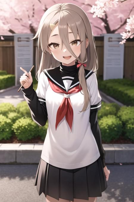 masterpiece, best quality, <lora:mikage_sakurako:0.7> mikage_sakurako, 1girl, solo, brown eyes, brown hair, long hair, hair between eyes, hair ribbon, hairclip, long hair, serafuku, black sailor collar, red neckerchief, black skirt, pleated skirt, smile, open mouth, sunlight, outdoors, cherry blossoms, turtleneck, black sleeves,