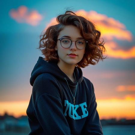 feminine, photograph, realistic, detailed, (small_breasts, perky_breasts, necklace, glasses, thick,
(20yo, nsfw, 1girl, pubic hair, short wavy hair, pretty, rouge,:1.4), sensual, exotic, mesmerizing, evocative, entrancing, artless, young, fresh, solo, (style of Henry Scott Tuke), (style of Anthony Thieme), (style of Gil Elvgren), :1.1), 
(1girl, solo, upper_body, sunset, power_lines, evening, sky, from_side, gradient_sky, long_sleeves, twilight, nose, jacket, clothes_writing, dusk, backlighting, blurry_background, sweater, turtleneck, sunrise, black_jacket, orange_sky, cloud, depth_of_field, sunlight, day, blue_sky, hood, gradient_background, hoodie, portrait, shirt,:1.0)