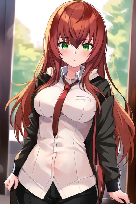 ultra detailed, makise kurisu, 1girl, green eyes, <lora:makise kurisu:0.8>, upper body,