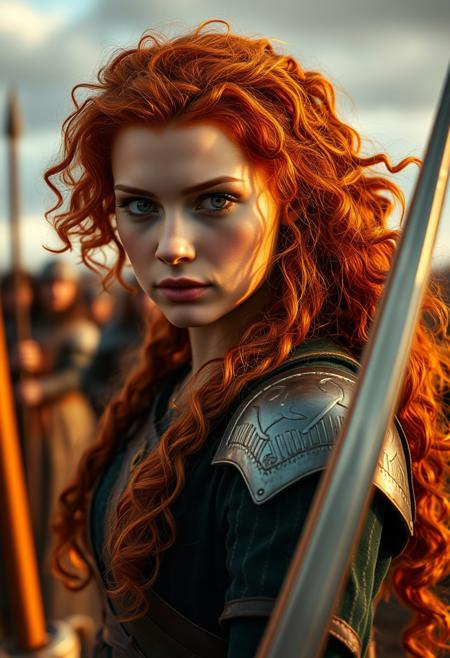 Close Up shot of Merida as a warrior princess  at the battlefield, at day, Low saturation color photography, vintage, grunge, side hard light