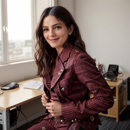 <lora:Monica1873Bar:0.9> a woman, m1873b, solo, wearing blouse, waistcoat,. jacket, trousers, in an office, wavy hair, smile