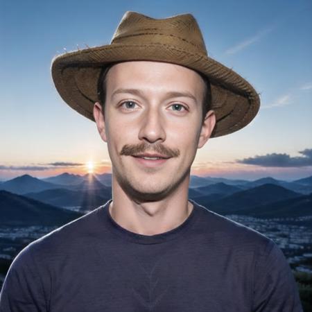 <lora:mark_zuckberg:0.7>,detailed eyes,detailed face,detailed body,mark zuckberg,1boy, blue eyes, brown hair, blue shirt, cloud, evening, facial hair, male focus, mustache, purple sky, realistic, red background, red moon, red sky, shirt, sky, solo, star \(sky\), starry sky, sunset, twilight, upper body,cowboy hat, mustache,