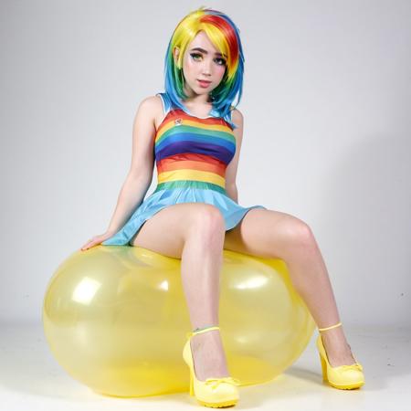 female, girl, (blue dress:1.15), rainbow hair, rainbow dash, (sitting on a translucent yellow balloon:1.15), human, cosplay, friendly, cute, (yellow balloon:1.25), photo, glamour photography