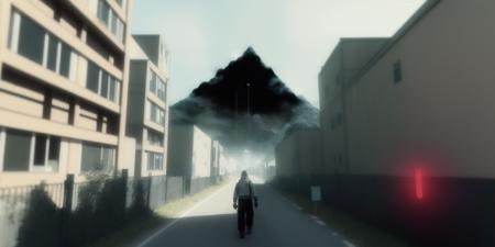 <lora:15ParralelDimensions:1>parallel dimension: a person walking down a street next to tall buildings