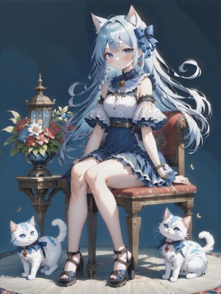 1girl, cat girl, cat ears, cat tail, anal tail, sitting, chair, side ponytail, one side up, dress, white dress, flower, black hair, blue footwear, solo, grey background, blue eyes, bangs, closed mouth, bell, shoes, blush, hair rings, short sleeves, jewelry, standing, long hair, very long hair, bag, full body, blue nails, looking at viewer, earrings, hand up, ribbon, white flower, jingle bell, nail polish, red ribbon, simple background, collarbone, blue flower, bracelet, plant, wide sleeves, shoulder bag, neck ribbon, potted plant, fingernails, twin braids, tassel, lantern, bare legs, collared dress, white background, neck bell, no socks, collar, hair ornament, vase, high heels, blue ribbon, hair ribbon, sitting, chair