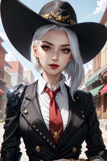 AsheOver, 1girl, solo, hat, mole above mouth, earrings, red eyes, jewelry, cowboy hat, makeup, lipstick, looking at viewer, necktie, white hair, asymmetrical hair, blurry, food, red necktie, stud earrings, mole, blurry background, red lips, nose, day, shirt, upper body, lips, mouth hold, eyeshadow, portrait, depth of field, short hair, outdoors, mascara, medium hair
<lora:epi_noiseoffset2:1>,  <lora:AsheOver:0.7>