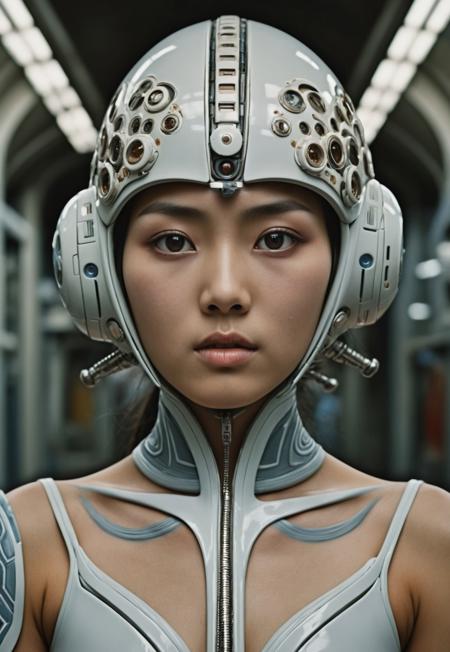 35mm photo by Steve McCurry, futuristic future setting, japanese woman, stunning asian woman, ultra-detailed skin, detailed eyes with intricate pupils, advanced futuristic clothing, intense and captivating expression, top-quality resolution