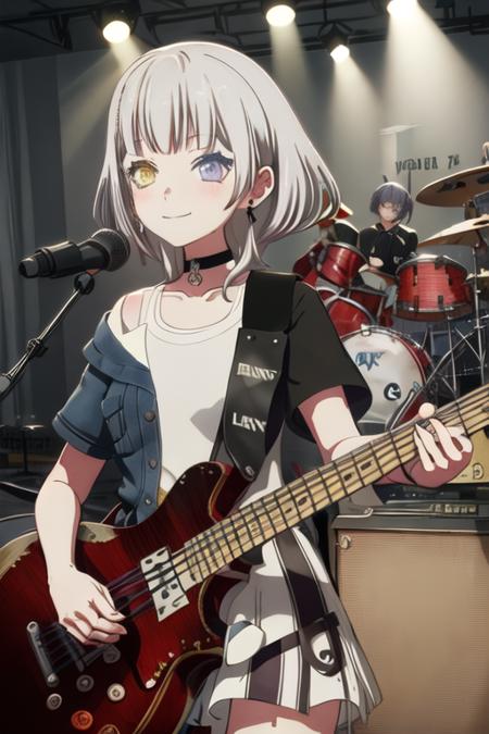 best quality, masterpiece, highres, solo, {kaname_rana_bangdreamitsmygo:1.15}, short_hair, bangs, blush, grey_hair, collarbone, closed_mouth, yellow_eyes, heterochromia, instrument, smile, blue_eyes, 1girl, electric_guitar, guitar, jacket, shirt, short_sleeves, white_shirt, choker, holding_instrument, upper_body, bass_guitar, black_choker, earrings, holding, jewelry, playing_instrument, music, grey_eyes, white_hair