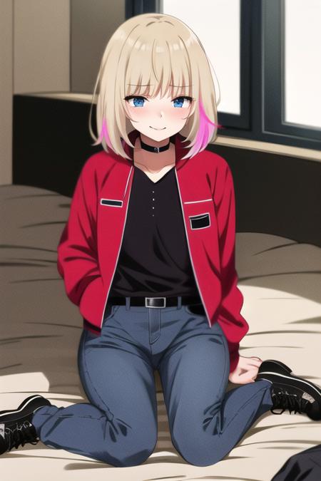 masterpiece, best quality, ultra-detailed, ray tracing, perfect lighting, (shiny skin:1.2),<lora:Kawai_rika:1> Kawaii_R ,1girl,solo, blue eyes, blonde hair, multicolored hair, streaked hair, black shirt, red  jacket, letterman jacket, open jacket,choker, shoes, pants, belt, denim, jeans, black footwear, black belt, smile, shirt lift, small breasts, (embarrassed), indoors, bedroom, wariza, day, bed, window,