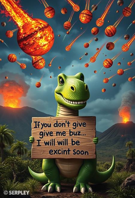 “A friendly, dog-like T-Rex standing upright, holding a hand-painted wooden sign that reads: ‘If you don’t give me buzz, I will be extinct soon…’. The T-Rex has a goofy, endearing smile and wide, sparkling eyes that make it look as lovable as a playful dog. The prehistoric setting features lush greenery and steaming volcanoes, but the sky is chaotic, filled with a plethora of smaller burning asteroids streaking down toward Earth, leaving fiery trails behind. The looming disaster contrasts hilariously with the T-Rex’s cheerful, oblivious demeanor, making the scene both comedic and slightly apocalyptic.”