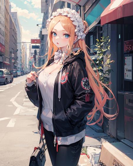 1girl,  <lora:AbigailSwimsuitV3[abigailswimsuit,swimsuit,bonnet]-000006:0.9>,large breasts, cleavage, hoodie,standing,jacket,outdoors,street,cowboy shot,