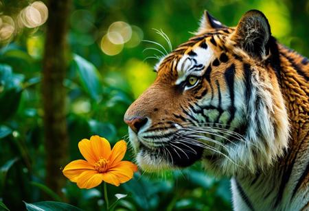 (text saying "SMELL"), In the jungle, the tiger is sniffing a flower,(no humans), A photograph quality,realistic,(best quality,4k,8k,highres,masterpiece:1.2),ultra-detailed,(realistic,photorealistic,photo-realistic:1.37),professional,vivid colors,sharp focus,HDR,UHD,studio lighting,physically-based rendering,extreme detail description,bokeh,portrait,landscape,colorful,soft lighting