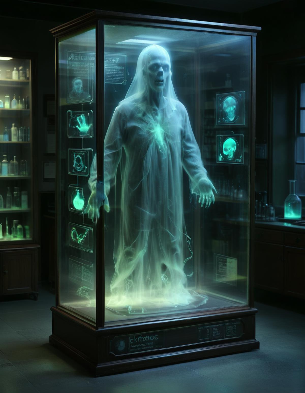 A glowing green skeleton in a glass case with a green heart.