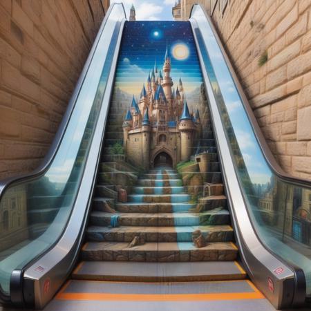 masterpiece, best quality, castle,a bustling cityscape,escalator-art <lora:escalator-art:0.7>