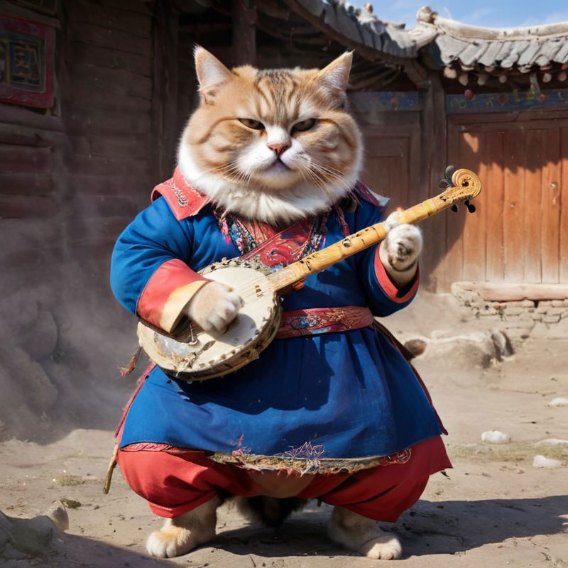A cat dressed up as a musician playing a guitar.