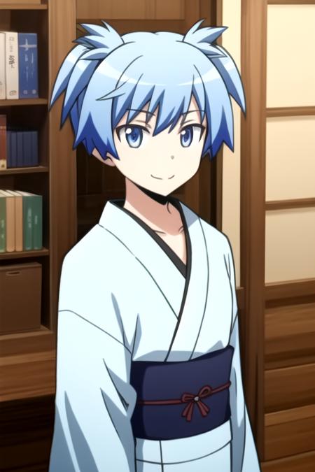 1boy, bangs, blue_eyes, blue_hair, blurry, blurry_background, bookshelf, building, closed_mouth, collarbone, depth_of_field, haori, indoors, japanese_clothes, kimono, long_sleeves, looking_at_viewer, male_focus, photo_background, smile, solo, spiked_hair, twintails, upper_body
 <lora:NagisaShiotaR4:0.7>, NagisaShiotaR4, masterpiece, highres, ultra high res, best quality