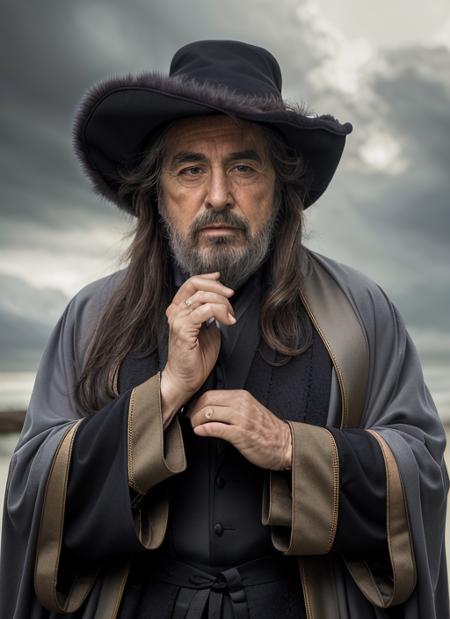 apo1  Portrait photo of  man  in a (wizard robe and hat), full beard, long hair, intricate, (cloth [light grey]), elegant, sharp focus, photo by greg rutkowski, soft lighting, vibrant colors, masterpiece, ((sky)), detailed face
  <lora:AlPacinoOld:.85>