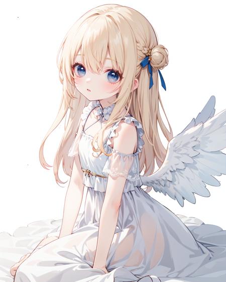 masterpiece,best quality,
(kid, child:1),solo,blonde hair,blue eyes,angel,long hair,
angel wings, white dress,halo,
white background, simple background,
<lora:clearloli_v1.1_lbw:1>