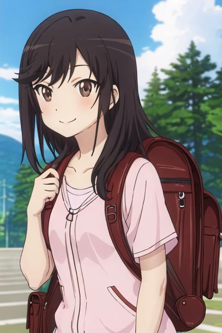 best quality, masterpiece, highres, solo, {ichijou_hotaru_nonnonbiyori:1.15}, black_hair, long_hair, brown_eyes, blush, brown_hair, 1girl, backpack, bag, cloud, day, outdoors, randoseru, sky, smile, collarbone