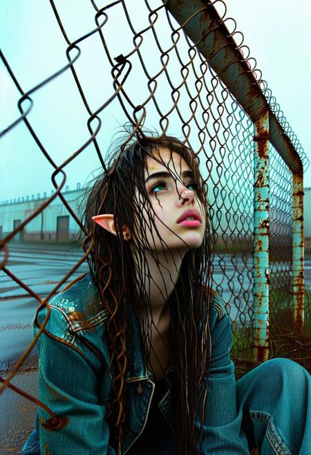 <lora:Half_elf_Kate_101:0.8>  katie101 elf freckles  sitting  score_9, score_8_up, score_8, score_9, 2K, realistic, raw, hyper-realistic,   <lora:Dramatic Lighting Slider:2> gothic clothes ,Low-angle medium close-up capturing a young woman, damp brunette hair clinging to her face, gaze directed upward, defiant. She leans against a heavily rusted, corroded chain-link fence framing the left foreground. Background: indistinct industrial streetscape dissolves into dense, cool teal fog. Cinematic realism, evoking a gritty indie film still. Palette dominated by muted indigo denim and teal-grey haze, punctuated by earthy rust and pale skin tones under flat, overcast diffused lighting that enhances the melancholic, isolated mood. Textures: stringy wet hair, weathered denim, rough flaking rust.