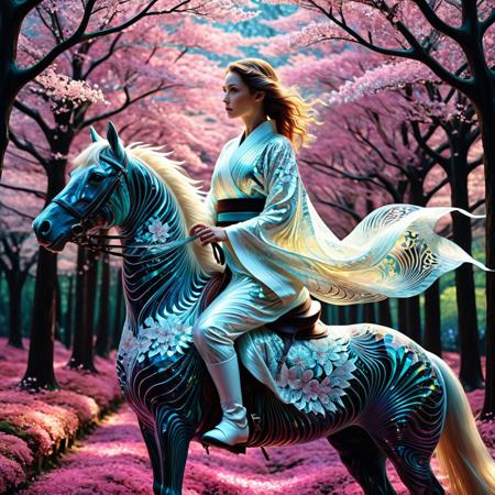 Fractangles, made out of fractangles, A breathtaking cinematic tableau unfolds: an ethereal fusion of fractal lacework sculpting the figure of the luminous Alexandra Roland, a striking white woman cloaked in an oversized, billowing kimono. The garment ripples like liquid silk in motion, its elaborate patterns echoing traditional motifs and modern abstraction. She rides with effortless grace atop a majestic stallion, threading through a grove of dreamlike trees—each one blooming with otherworldly blossoms that shimmer like spectral Japanese sakura. Rendered in the tactile richness of vintage 2000s RAW film, the scene is alive with cinematic color grading—deep hues, luminous highlights, and visceral contrast. The texture of fine film grain lends a nostalgic authenticity, while the sweeping cinemascope format captures every nuance in razor-sharp detail and kinetic elegance. A symphony of light, motion, and mythic storytelling—photorealistic yet dream-drenched, natural yet surreal—this is an exquisitely realized, high-budget visual poem in motion, Masterpiece level quality, soft lighting, sharp focus, fine details, high quality, precise, high resolution, 4k, 8k,