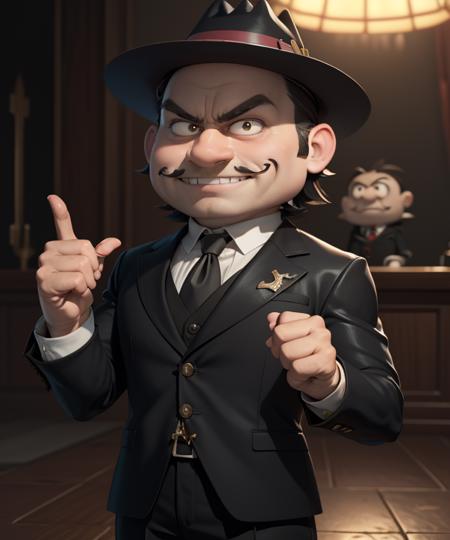 BorisBadenov,  1boy, male_focus, short_male, chibi, pale_skin, evil_grin, black hair, big_nose, tiny_mustache, pointy_mustache, stocky, evil_smile, fedora, hat, necktie, suit, turned-up_collar,  own_hands_together