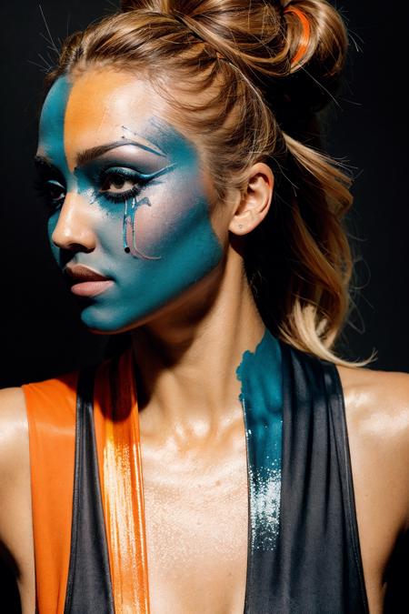 <lora:Jessica_Alba:0.8> A woman with her face painted in different colors, in the style of intense lighting and shadow, bold graphic lines, color stripes, polished metamorphosis, orange and blue, skillful lighting, precision painting