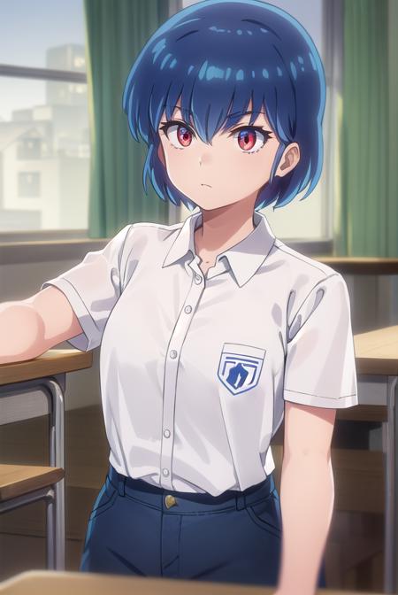 ryuunosukefujinami, <lora:ryuunosuke fujinami s1-lora-nochekaiser:1>,
ryuunosuke fujinami, short hair, blue hair, (red eyes:1.2), 
BREAK shirt, school uniform, (white shirt:1.5), short sleeves, collared shirt, belt, pants,
BREAK indoors, classroom,
BREAK looking at viewer, (cowboy shot:1.5),
BREAK <lyco:GoodHands-beta2:1>, (masterpiece:1.2), best quality, high resolution, unity 8k wallpaper, (illustration:0.8), (beautiful detailed eyes:1.6), extremely detailed face, perfect lighting, extremely detailed CG, (perfect hands, perfect anatomy),