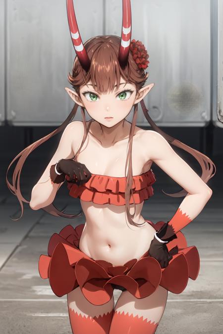 msyu, long hair, twintails, pointy ears, horns, hair flower, red gloves, red thighhighs tube top, strapless, red skirt, red choker