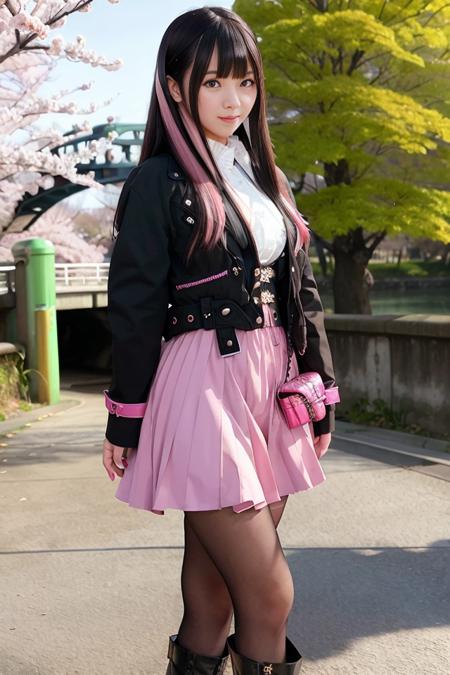 1girl, jacket, shock_pink skirt, (black tights), short boots,  lips, lipstick, realistic,  solo, standing, best quality, photorealistic, masterpiece, 8k, high res, solo, (((woman))), (medium breast), ((looking at the viewer)), (looking at the camera), (long hair), (professional lighting, bokeh),top angle view, extremely detailed face, fashionable and trendy atmosphere, japan, street, park, river, bridge,  sakura, sakura blossom, ((daytime)), (portrait:0.6), seductive smile, gorgeous, floating hair, (light particles, lens flare, glowing particles:0.6), (dynamic pose:1.2), soft lighting, brown hair, full body, narrow face, smile,  mask, japanese, gothic, heterochromia eye, purple left eye, blue right eye, beroba, uniform, black hair with highlight, nail_polish, pink_nails,  <lora:Beroba:0.8>