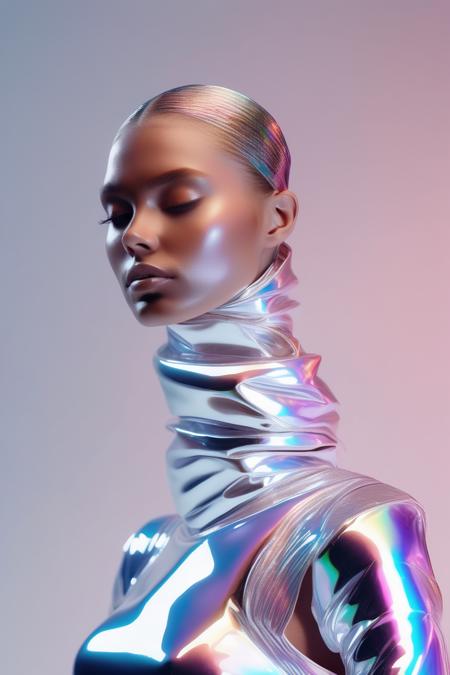 <lora:Made Of Iridescent Foil:1>Made Of Iridescent Foil - Low angle photo of an emotionless model with swagger wrapped inside a nike FUTURISTIC holographic outfit. light gradient background. Top light, studio lighting. Canon EOS R5. Fashion photography. Natural features. Intricate details. Clean sharp focus