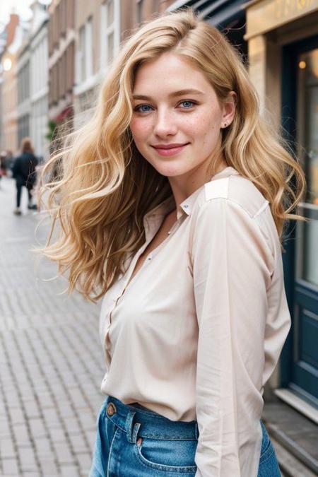 a beautiful woman, light blond wavy hair, darker roots, above shoulder length curly hair, wavy bob cut hair, ocean blue eyes, 1girl, standing full body, in the streets, dutch city background, amsterdamcanalhouse, wearing beige linnen shirt, brown jeans, loose clothing, happy, smiling, joy, laughing, 4K, RAW, best quality, (masterpiece), (ultra-detailed), (hyperrealism:1.2), extremely detailed eyes, (extremely detailed face), textured skin, (photorealistic, hyperdetailed:1.2), insane details, stunningly beautiful, pale skin, freckles, blush, detailed skin, extremely detailed, (RAW photo, best quality), (realistic, photo-realistic:1.3), best quality ,masterpiece, an extremely delicate and beautiful, extremely detailed natural lighting, summer, sun rays, ethereal golden hour, film grain, (bokeh:1.3), Porta 160 color, shot on ARRI ALEXA 65, sharp focus on subject, Fujifilm XT-3, <lora:picxer_real:0.8>