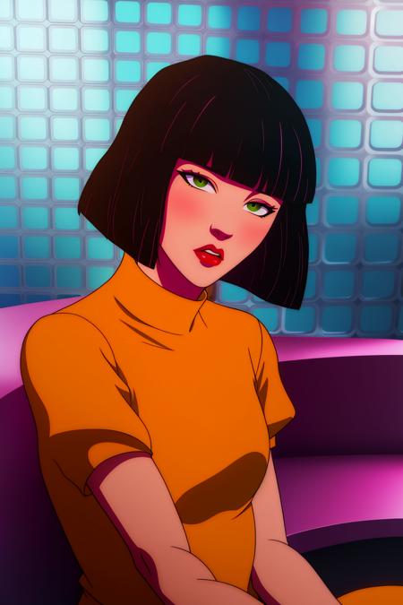 mclstyle, 1girl, solo, short hair, bangs, brown hair, shirt, black hair, sitting, closed mouth, green eyes, upper body, short sleeves, indoors, blunt bangs, black eyes, lips, makeup, colored skin, turtleneck, chair, bob cut, lipstick, couch, yellow shirt, tiles, red lips, orange shirt, tile wall