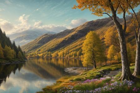 beautiful, ((masterpiece:1.4)), ((best quality:1.2)), intricate details, highland landscape, trees, flowers, crystal clear lake, highres, realistic,UHD, sharp focus, mesmerizing, ultra detailed, high texture resolution