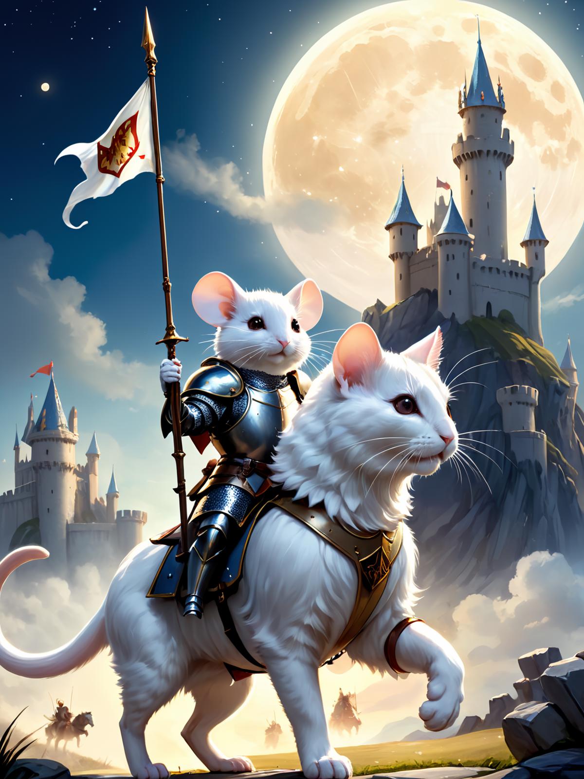 A painting of a knight riding on a cat with a castle in the background.