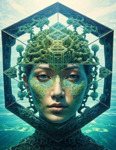 Taoist monk tesseract body fractal three point perspective hypercube mirror zen face brain mayan mantis jellyfish face underwater,  <lora:add-detail-xl:1>
