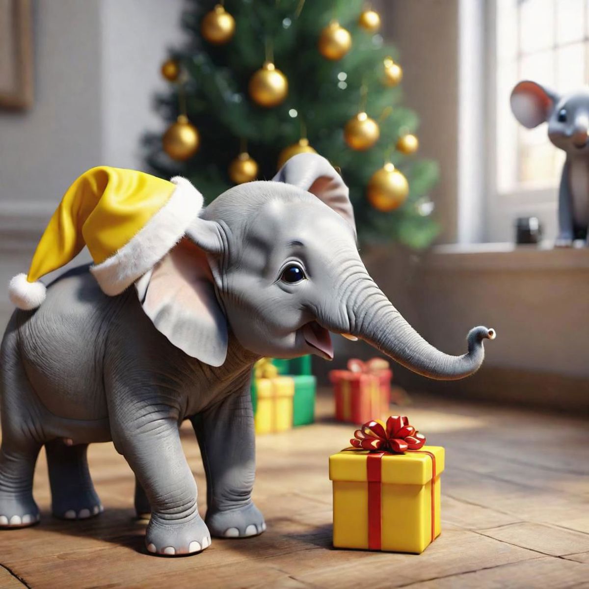 Christmas-themed elephant figurine with a Santa hat and a yellow bowtie.